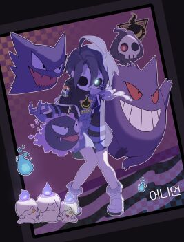 1boy absurdres ahoge allister_(pokemon) between_legs ditto duskull fangs fire full_body gamanga_1204 gastly gen_1_pokemon gen_3_pokemon gen_5_pokemon gengar glowing glowing_eye hand_between_legs haunter highres litwick male_focus nintendo outline pokemon pokemon_(creature) pokemon_swsh purple_fire shorts smoke_from_mouth suspender_shorts suspenders transformed_ditto white_outline will-o&#039;-the-wisp_(mythology)