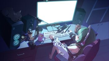 1girl absurdres animal_ear_headphones animal_ears bare_legs black_cat blush breasts camisole cat cat_ear_headphones cat_ears cleavage computer_keyboard cup disposable_cup downblouse fake_animal_ears from_above green_hair headphones highres holding_computer_mouse indie_virtual_youtuber kokko_(kokko3045) long_hair medium_breasts microphone mochahyeong monitor red_eyes single_bare_shoulder sitting straight_hair white_camisole