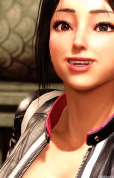 1girl 3d animated animated_gif black_jacket black_pants breasts brown_eyes brown_hair cherry_blossom_print cleavage collarbone cropped_jacket fatal_fury fatal_fury:_city_of_the_wolves female_focus floral_print folding_fan game_screenshot hand_fan high_ponytail holding holding_fan jacket large_breasts leather leather_jacket leather_pants long_hair looking_at_viewer matching_hair/eyes motoyui one_eye_closed pants ponytail shiranui_mai smile snk solo street_fighter street_fighter_6 subtitled video_game_screencap wink