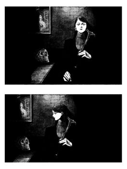 1girl black_background black_hair cane greyscale highres holding holding_cane long_hair looking_at_another looking_to_the_side monochrome original portrait_(object) skull solo tp_p_pt turtleneck