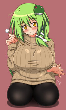 1girl black_pantyhose blush breasts commentary_request cotton_swab ear_cleaning frog frog_hair_ornament green_hair hair_ornament hair_tubes honehone kochiya_sanae lap_pillow_invitation large_breasts long_hair long_sleeves mimikaki panties pantyhose ribbed_panties ribbed_sleeves ribbed_sweater seiza single_hair_tube sitting smile snake snake_hair_ornament sweater touhou underwear yellow_eyes