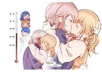 Rule 34 | 6+girls, azusawa kohane, blonde hair, blue hair, blush, closed eyes, closed mouth, commentary, ear blush, english commentary, english text, french kiss, glasses, green eyes, green hair, grey eyes, grey hair, hanasato minori, hand on another&#039;s head, highres, hinomori shiho, holding, holding removed eyewear, hug, kiritani haruka, kisikarts, kiss, kiss meter (meme), kusanagi nene, long hair, meme, multiple girls, ootori emu, open mouth, orange hair, pink hair, project sekai, purple eyes, shiraishi an, short hair, simple background, smile, speech bubble, sweat, twintails, unworn eyewear, white background, yawning, yuri