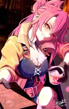 Rule 34 | 1girl, alcohol, beer, beer mug, belt, breasts, cleavage, commentary request, cup, eiyuu densetsu, folded ponytail, hair between eyes, high belt, highres, large breasts, looking at viewer, mug, naughty face, one eye closed, pink hair, sara valestein, sen no kiseki (series), sen no kiseki i, simple background, smile, tinybiard, yellow eyes