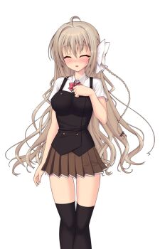 Rule 34 | 1girl, ^ ^, ahoge, arm at side, black thighhighs, black vest, blush, bow, bowtie, braid, breasts, brown skirt, closed eyes, facing viewer, game cg, genseishinki sacred virth, hair between eyes, hair bow, hand on own chest, large variant set, long hair, magical girl, medium breasts, miniskirt, non-web source, nose blush, official art, open mouth, pleated skirt, red bow, sacred noire, school uniform, shirt, short sleeves, simple background, single braid, skirt, smile, solo, standing, thighhighs, transparent background, variant set, very long hair, vest, wavy hair, white bow, white shirt, yuugure pairo, yuuki setsu, zettai ryouiki