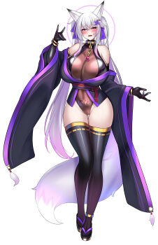 Rule 34 | 1girl, absurdres, animal ears, bare shoulders, black sleeves, blush, breasts, collar, corruption, detached sleeves, elbow gloves, fox ears, fox shadow puppet, fox tail, gloves, hair ornament, highleg, highleg leotard, highres, huge breasts, kutan, leotard, long hair, looking at viewer, mizuki (kutan), naughty face, original, pinwheel, pinwheel hair ornament, pubic tattoo, purple eyes, seductive smile, see-through clothes, see-through leotard, smile, solo, tail, tattoo, thighhighs, very long hair, white hair, wide hips, wide sleeves, wrist cuffs