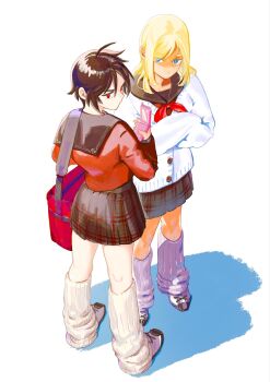 Rule 34 | 2boys, bag, black hair, black sailor collar, black skirt, blonde hair, blue eyes, cardigan, cellphone, crossdressing, crossdressing (mtf), crossed arms, flip phone, full body, gundam, gundam seed, gundam seed destiny, highres, holding, holding phone, leg warmers, looking at viewer, male focus, medium hair, miniskirt, multiple boys, neckerchief, phone, pleated skirt, red cardigan, red eyes, red neckerchief, rey za burrel, sailor collar, school bag, school uniform, serafuku, shinn asuka, shoes, short hair, shoulder bag, simple background, skirt, tokumei wombat, trap, white background, white cardigan, white leg warmers