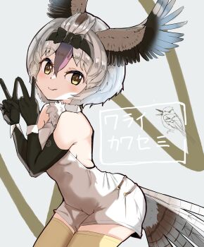 1girl absurdres bare_shoulders bird_girl bird_tail bird_wings dress elbow_gloves feathered_wings gloves grey_background grey_hair head_wings highres kemono_friends laughing_kookaburra_(kemono_friends) llb looking_at_viewer ribbon short_hair simple_background sleeveless solo tail thighhighs wings yellow_eyes