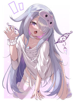 Rule 34 | 1girl, absurdres, asymmetrical legwear, banteu, chest jewel, choker, claw pose, collarbone, colored inner hair, commentary, detached wings, english commentary, fang, frills, hair over one eye, hand jewel, highres, hololive, hololive english, jewel under eye, koseki bijou, koseki bijou (pebble pajamas), legband, long hair, looking at viewer, multicolored hair, multicolored thighhighs, official alternate costume, open mouth, pebble (koseki bijou), pink hair, pink thighhighs, purple eyes, purple hair, shirt, skin fang, sleep mask, striped clothes, striped thighhighs, thighhighs, virtual youtuber, white choker, white shirt, white thighhighs, wings