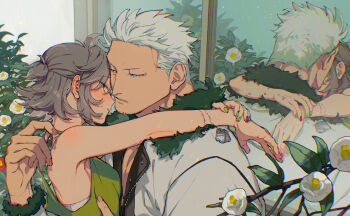 1boy 1girl absurdres antenna_hair arms_around_neck bare_shoulders bra bra_peek bracelet branch breasts cigarette_burn clothes_tug commentary_request couple dog_tags embarrassed facial_hair flower fur-trimmed_jacket fur_trim goatee_stubble green_nails green_tank_top grey_hair half-closed_eyes hetero highres hug jacket jewelry kabane_(rjev8385) light_particles long_sleeves looking_at_another looking_at_viewer medium_breasts misleading_reflection multicolored_nails no_shirt oc_x_canon one_piece open_clothes open_jacket original parted_lips ponytail red_nails short_hair short_ponytail sideways_glance small_sweatdrop smoker_(one_piece) stubble tank_top two-tone_nails underwear upper_body white_bra white_flower white_hair white_jacket window zipper