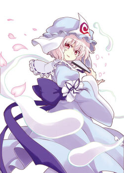 1girl akaneya female_focus from_side hand_fan hat hitodama mob_cap petals pink_eyes pink_hair saigyouji_yuyuko simple_background solo touhou triangular_headpiece wide_sleeves