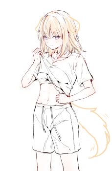 1girl abs absurdres bang_dream! bang_dream!_it&#039;s_mygo!!!!! blonde_hair blush chinese_commentary closed_mouth commentary_request drawn_ears drawn_tail highres misumi_uika partially_colored purple_eyes sen_jin_chen shorts simple_background solo sweat white_background