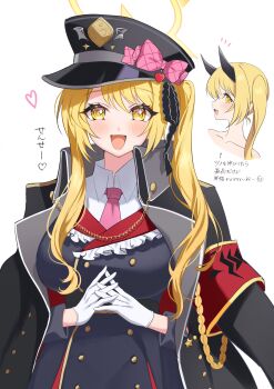 1girl absurdres aged_up black_coat black_suit blonde_hair blue_archive blush bow breasts coat collarbone demon_horns formal_clothes gehenna_academy_logo gloves halo hat highres horns ibuki_(blue_archive) large_breasts long_hair looking_at_viewer military_hat necktie open_mouth pineap000 pink_bow red_necktie shirt side_ponytail smile solo suit white_gloves white_shirt yellow_eyes yellow_halo