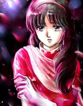 1girl anna_stephanie aoki_ryuusei_spt_layzner black_hair earrings female_focus gloves hairband jewelry long_hair solo yukki_(rffcq251)