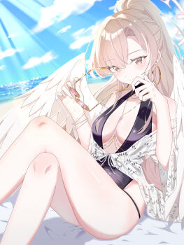 1girl absurdres angel_wings bare_legs bare_shoulders beach black_slingshot_swimsuit blonde_hair blouse blue_archive bracelet breasts chiizu_(cheese_xx245) closed_mouth cloud commentary crossed_legs curtained_hair day dot_nose dutch_angle earrings eyes_visible_through_hair floating_earrings foot_out_of_frame front-tie_top full_cleavage halo hand_on_own_chin hands_up high_ponytail highres holding holding_removed_eyewear hoop_earrings horizon jewelry large_breasts leaning_back light_rays long_hair long_necklace looking_at_viewer making-of_available multiple_bracelets nagisa_(blue_archive) nagisa_(swimsuit)_(blue_archive) necklace necklace_between_breasts off_shoulder official_alternate_costume official_alternate_hairstyle outdoors pink-tinted_eyewear pink_eyes pink_pupils ponytail shirt shirt_ribbon sitting slingshot_swimsuit smile solo split_mouth stroking_own_chin sunbeam sunglasses sunlight swimsuit thighs tied_shirt tinted_eyewear unworn_eyewear white_halo white_shirt white_wings wings