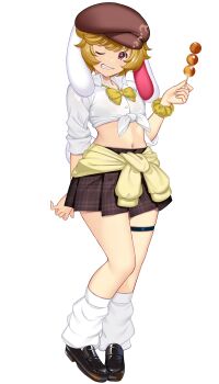 1girl alternate_costume animal_ears arm_behind_back black_shoes blonde_hair bow bowtie breasts brown_hat brown_skirt clothes_around_waist collared_shirt commentary_request dango dress_shirt dress_shoes flat_cap floppy_ears food full_body hand_up hat hataraki_kuma highres holding holding_skewer leg_warmers looking_at_viewer lop_rabbit_ears midriff miniskirt navel one_eye_closed plaid_clothes plaid_skirt rabbit_ears rabbit_girl red_eyes ringo_(touhou) shirt shoes short_hair simple_background skewer skirt sleeves_rolled_up small_breasts smile solo standing sweater sweater_around_waist teeth thigh_strap tied_shirt touhou wagashi white_background white_leg_warmers white_shirt wristband yellow_bow yellow_bowtie