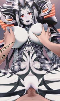 1boy 1girl absurdres artist_name breasts censored commission cowgirl_position deep_skin girl_on_top grabbing_another&#039;s_breast groping hetero highres large_breasts looking_at_viewer machina_(dragonaut) moaning mosaic_censoring natto_soup nipple_stimulation nipple_tweak nipples open_mouth penis pov pov_hands pussy red_eyes sex silver_hair skeb_commission spread_legs straddling vaginal vanea_(xenoblade) xenoblade_chronicles_(series) xenoblade_chronicles_1