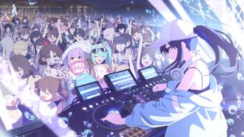 Rule 34 | > <, 6+girls, aqua jacket, atsuko (blue archive), atsuko (swimsuit) (blue archive), audio visualizer, bad link, bare shoulders, baseball cap, beach, black hair, blue archive, blue eyes, blue hair, blue halo, brown hair, closed eyes, colored inner hair, concert, cross halo, dj, green hair, halo, hat, headphones, headphones around neck, highres, hiyori (blue archive), hiyori (swimsuit) (blue archive), ikayaki, jacket, long hair, misaki (blue archive), misaki (swimsuit) (blue archive), mixing console, multicolored hair, multiple girls, night, official art, open mouth, phonograph, ponytail, purple hair, rave party, raver, saori (blue archive), saori (swimsuit) (blue archive), stage lights, tank top, turntable, white hat