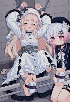 2girls absurdres barefoot beret black_hat blonde_hair bound cellphone commentary_request cross cross_earrings cross_ornament crying dress earrings eugenecolin flower frilled_dress frills glass_bottle hair_ornament hat hat_flower highres hikami_meruru hime_cut jewelry mahou_shoujo_no_majo_saiban multiple_girls o-ring o-ring_thigh_strap phone pink_hair priestess restrained sakuraba_ema smartphone soles thigh_strap tickling tickling_feet toes torture veil white_dress white_flower white_hair white_veil x_hair_ornament