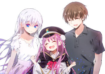 Rule 34 | 1boy, 2girls, :d, ^ ^, alternate costume, ascot, black cape, black hat, black shirt, blue eyes, blush, brown hair, bun cover, cape, casual, chinese commentary, clenched hands, closed eyes, closed mouth, collared shirt, commentary request, cowboy shot, crossed bangs, crossover, double bun, earrings, hair behind ear, hair between eyes, hair bun, hair ribbon, hands up, happy, hat, heaven burns red, height difference, highres, jewelry, key (company), kunimi tama, lliissaawwuu2, long hair, long sleeves, looking at another, multiple girls, naruse shiroha, open mouth, peaked cap, pink hair, pink skirt, pleated skirt, red ascot, ribbon, shirt, short hair, short sleeves, sidelocks, simple background, skirt, smile, split mouth, stud earrings, summer pockets, t-shirt, takahara hairi, upper body, very long hair, when you see it, white background, white hair, white ribbon, white shirt, wide sleeves