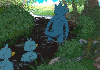aomon_(yuuji7604) beak blue_fur blue_sky bush cloud day ducklett from_behind gen_1_pokemon gen_5_pokemon golduck highres nintendo outdoors pokemon pokemon_(creature) river sky tree