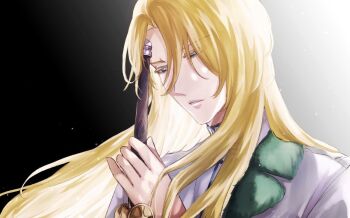 1046sstep_btoh 1boy bishounen bleach bleach:_sennen_kessen-hen blonde_hair colored_eyelashes commentary_request eyes_visible_through_hair green_eyes half-closed_eyes holding jugram_haschwalth long_hair male_focus parted_lips portrait profile solo