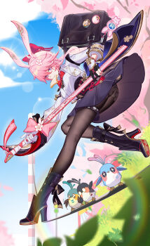 1girl absurdres ass asymmetrical_gloves bag black_gloves black_pantyhose blue_skirt blue_sky boots bread bread_slice breasts commentary_request evanescia_(honkai:_star_rail) food food_in_mouth gloves gokusaishiki_(1376145360) high_heel_boots high_heels highres holding holding_stick honkai:_star_rail honkai_(series) measuring_stick medium_breasts mismatched_gloves mouth_hold origami_bird_(honkai:_star_rail) pantyhose school_bag shirt skirt sky stick toast toast_in_mouth variant_set white_gloves white_shirt