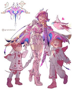 3girls bodysuit boots commentary crop_top dress elysia_(hi_love_elf)_(honkai_impact) elysia_(honkai_impact) english_commentary grandaloe heart highres holding_hands honkai_(series) honkai_impact_3rd horns humanization instagram_username long_braid long_hair manta_ray midriff multiple_girls navel open_mouth pink_boots pink_hair purple_eyes short_hair simple_background skirt smile thighhighs thighs very_long_hair white_background white_bodysuit white_boots white_dress white_horns white_skirt white_thighhighs