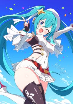 1girl :d aqua_eyes aqua_hair beret black_gloves blue_sky braid breasts commentary confetti fang fingerless_gloves foot_out_of_frame gloves goodsmile_company goodsmile_racing hair_between_eyes hair_ornament hat hatsune_miku highres kamuraaa_615 long_hair looking_at_viewer micro_shorts one_eye_closed open_mouth racing_miku racing_miku_(2023) shorts sideless_outfit signature skin_fang sky smile solo star_(symbol) star_hair_ornament strap thighhighs thighs twintails very_long_hair vocaloid white_hat white_shorts