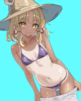 1girl alternate_costume bikini blonde_hair blue_background blush breasts brown_hat closed_mouth clothes_pull commentary_request grey_shorts groin hair_ribbon hat highres looking_at_viewer moriya_suwako navel pulling_own_clothes purple_bikini red_ribbon ribbon shorts shorts_pull simple_background small_breasts smile soara_shimomo solo stomach swimsuit tan tanline touhou tress_ribbon undressing wet yellow_eyes