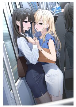 1girl 4boys absurdres bag black_bag black_hair black_jacket black_pantyhose blonde_hair blue_eyes blue_shirt blue_skirt blush brown_bag bulge commentary_request crossdressing crossdressing_(mtf) embarrassed from_side green_eyes hair_between_eyes highres holding holding_bag jacket long_hair long_sleeves looking_at_another multiple_boys open_mouth original pantyhose pencil_skirt ponytail revision shirt short_hair short_sleeves skirt sweat train_interior trap trap_on_trap turisasu very_short_hair watch white_pantyhose white_shirt white_skirt wristwatch yaoi