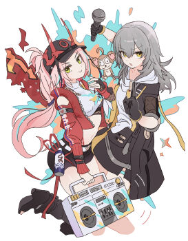2girls absurdres black_gloves black_hat black_jacket black_shorts black_skirt bridal_gauntlets crop_top feet_out_of_frame fishnet_bridal_gauntlets gloves green_eyes grey_hair hair_between_eyes hat high_heels high_ponytail highres holding holding_microphone honkai:_star_rail honkai_(series) horned_hat jacket long_hair microphone midriff miniskirt monkey multiple_girls navel open_clothes open_jacket origami_gyokuo pink_hair ponytail radio rappa_(honkai:_star_rail) red_jacket shirt shorts skirt smile spray_can stelle_(honkai:_star_rail) thigh_strap tied_shirt trailblazer_(honkai:_star_rail) white_shirt yellow_eyes