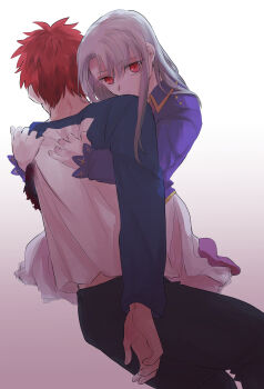 1boy 1girl absurdres adoptive_siblings amputee armless_amputee blood corpse death dying emiya_shirou fate/stay_night fate_(series) highres hug illyasviel_von_einzbern jacket long_hair long_sleeves muzzlerao orange_hair protecting raglan_sleeves red_eyes red_hair short_hair siblings white_hair