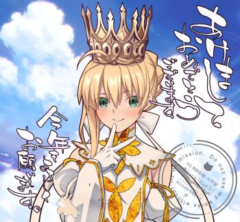 1girl artoria_pendragon_(fate) blonde_hair blush breasts cloud cloudy_sky commentary_request crown detached_sleeves fate/grand_order fate_(series) gloves green_eyes hirakawa lord_logres_(fate) lord_logres_(second_ascension)_(fate) medium_breasts short_hair sky smile solo watermark white_gloves