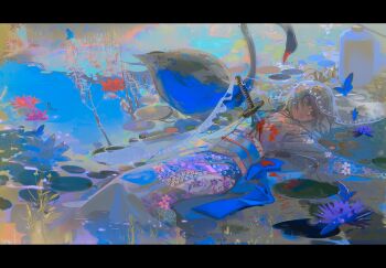 1girl absurdres back_bow bird blood blood_on_clothes blue_bow blue_butterfly blue_flower blue_sash bow bug butterfly chinese_commentary closed_mouth commentary_request floral_print flower grey_eyes grey_hair grey_kimono highres insect japanese_clothes kimono letterboxed lily_pad long_sleeves lying obi on_back original print_kimono red_flower sash solo stab swan sword variant_set veil water weapon xixun