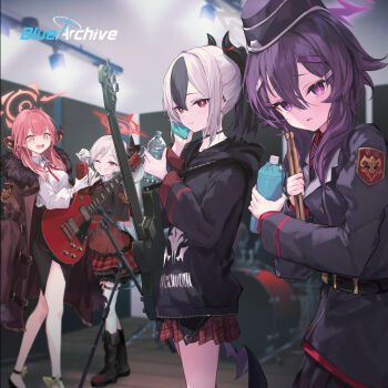 4girls :d ;d album_cover ankle_bow ankle_ribbon anklet aru_(blue_archive) bags_under_eyes bass_guitar belt belted_jacket black_belt black_choker black_footwear black_hair black_hoodie black_horns black_skirt black_tail black_trim blue_archive blurry blurry_background bottle bow bowtie breasts bright_pupils brown_horns buttons choker closed_mouth clothes_writing coat collarbone collared_shirt constricted_pupils copyright_logo copyright_name cover cowboy_shot cropped_jacket drum drum_set drumsticks earrings english_text frilled_skirt frills full_body furrowed_brow gloves grey_coat grey_halo guitar guitar_strap hair_between_eyes hair_ornament hair_over_shoulder hairclip half_updo halo hand_to_own_mouth haruka_(blue_archive) hat high_heels highres holding holding_drumsticks holding_instrument holding_phone holding_water hood hood_down hoodie horns indoors insignia instrument jacket jacket_on_shoulders jewelry kayoko_(blue_archive) leaning_forward light_smile logo long_hair long_sleeves looking_at_object looking_at_viewer medium_breasts medium_eyebrows medium_hair messy_hair microphone microphone_stand military_hat military_jacket military_uniform miniskirt multicolored_hair multiple_girls multiple_hair_clips mutsuki_(blue_archive) nervous_sweating official_art one_eye_closed open_mouth orange_eyes parted_lips phone pink_eyes pink_halo pink_pupils plaid_clothes plaid_skirt pleated_skirt ponytail purple_eyes purple_hair purple_halo purple_hat recording_studio red_eyes red_hair red_halo red_skirt red_trim ribbon shirt sidelocks simple_background single_thighhigh skirt slouching smile standing streaked_hair stud_earrings sweat talking_on_phone thighhighs water_bottle wavy_mouth white_gloves white_hair white_pupils white_shirt white_thighhighs wooden_floor yellow_bow yellow_bowtie