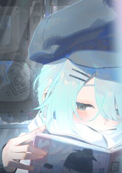 1girl absurdres aqua_hair blue_archive blush hair_ornament hair_over_one_eye hairclip halo hat highres hiyori_(blue_archive) long_hair magazine_(object) newsboy_cap reading zidu_(9478296)