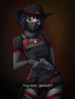 Rule 34 | 1girl, absurdres, armor, black hair, black mask, blue eyes, breastplate, brown background, contrapposto, cowboy hat, english text, eyeshadow, feet out of frame, gun, hat, head tilt, hexoot, highres, holding, holding gun, holding weapon, looking at viewer, makeup, mask, mouth mask, red eyeshadow, robot girl, short hair, shoulder armor, signalis, solo, star (signalis), talking, weapon