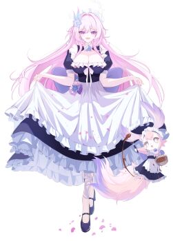 1girl absurdres alternate_costume apron black_dress black_shoes breasts cleavage cyrene_(honkai:_star_rail) cyrene_(ripples_of_past_reverie)_(honkai:_star_rail) diamond-shaped_pupils diamond_(shape) dress dual_persona enmaided fingernails flower hair_between_eyes hair_flower hair_intakes hair_ornament high_heels highres honkai:_star_rail honkai_(series) huge_breasts long_dress long_hair looking_at_viewer maid mem_(honkai:_star_rail) momorin_(choco030309) nail_polish open_mouth pink_hair pink_nails pink_petals purple_eyes purple_flower purple_rose rose shoes simple_background skirt_hold smile symbol-shaped_pupils white_background white_dress