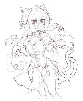 1girl absurdres animal_ears blush braid breasts cat_ears cat_girl cat_tail cleavage extra_ears fang greyscale hair_between_eyes highres kaenbyou_rin long_hair medium_breasts monochrome multiple_tails open_mouth rampa93 side_braids simple_background sketch skull slit_pupils smile solo tail thigh_strap thighhighs touhou twin_braids two_tails