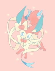 Rule 34 | animal focus, blue eyes, bow, creatures (company), fang, game freak, gen 6 pokemon, kaschy, nintendo, no humans, open mouth, pink background, pokemon, pokemon (creature), ribbon, simple background, smile, solo, sylveon