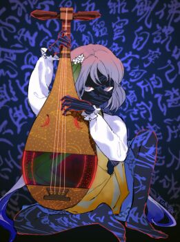 1girl barefoot commentary_request dress highres instrument kaigen_1025 looking_at_viewer low_twintails music playing_instrument purple_eyes purple_hair solo touhou tsukumo_benben twintails yellow_dress