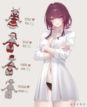 1girl avene_chan black_panties blush breasts christmas cleavage closed_mouth commentary cowboy_shot english_commentary eyelashes grey_background highres honkai:_star_rail honkai_(series) kafka_(honkai:_star_rail) large_breasts like_and_retweet navel no_bra panties purple_eyes purple_hair shirt simple_background smile solo twitter_strip_game_parody underwear white_shirt