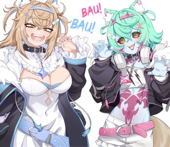 animal_collar animal_ears blonde_hair blue_skin boku_no_hero_academia breasts cleavage coat collar colored_skin cyberpunk:_edgerunners cyberpunk_(series) dog_ears dog_tail fangs fuwawa_abyssgard green_hair headphones highres hololive large_breasts long_hair midriff mococo_abyssgard nail_polish navel open_clothes open_coat rebecca_(cyberpunk) short_hair small_breasts tail tattoo toga_himiko unusualpie