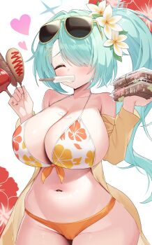 1girl absurdres aqua_hair bikini blue_archive breasts cleavage closed_eyes eyewear_on_head floral_print floral_print_bikini flower food food_in_mouth green_halo hair_flower hair_ornament hair_over_one_eye halo heart highres hiyori_(blue_archive) hiyori_(swimsuit)_(blue_archive) holding holding_food humo large_breasts multicolored_bikini navel official_alternate_costume orange_bikini popsicle popsicle_in_mouth print_bikini side_ponytail solo sunglasses swimsuit white_bikini yellow-framed_eyewear