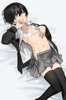 1boy bed_sheet bikini black_hair black_jacket black_thighhighs bulge check_commentary clothes_pull collarbone collared_shirt commentary commentary_request crossdressing crossdressing_(mtf) geki_(sunaba_(nczd5875)) grey_eyes grey_skirt hair_between_eyes hair_over_eyes hand_on_own_cheek hand_on_own_chest hand_on_own_face highres jacket knees_together_feet_apart looking_at_viewer lying male_focus micro_bikini navel on_back one_eye_closed open_clothes open_jacket open_shirt original parted_lips shirt short_hair skirt skirt_pull solo stomach striped_clothes striped_skirt sunaba_(nczd5875) swimsuit thighhighs thighs trap white_bikini white_shirt