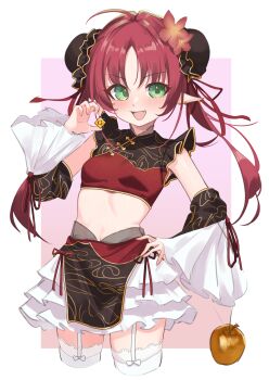 1girl :d absurdres ahoge apple arknights breasts bun_cover chinese_clothes commentary crop_top cropped_legs detached_sleeves double_bun earrings fang flower food fruit garter_straps golden_apple green_eyes hair_bun hair_flower hair_ornament hand_on_own_hip highres jewelry long_hair looking_at_viewer myrtle_(arknights) open_mouth paid_reward_available pointy_ears red_hair simple_background skin_fang skirt small_breasts smile solo thighhighs twintails v-shaped_eyebrows variant_set white_skirt white_thighhighs yakurope-moko