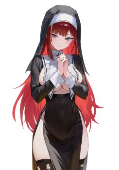 1girl absurdres akane_lize black_dress black_thighhighs blunt_bangs blush breast_curtains breasts commentary_request covered_navel cowboy_shot dress highres interlocked_fingers korean_commentary large_breasts long_hair long_sleeves looking_at_viewer mole mole_under_eye nbee_ya nun nun_headdress own_hands_together palms_together pelvic_curtain red_hair simple_background skindentation solo stellive straight_hair thighhighs torn_clothes torn_thighhighs very_long_hair virtual_youtuber white_background