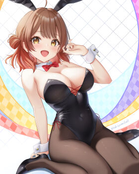 Rule 34 | 1girl, ahoge, akiyomi, animal ear hairband, animal ears, argyle background, black leotard, black shoes, blush, bow, bowtie, breasts, brown hair, brown pantyhose, commentary request, covered navel, detached collar, dotted line, fake animal ears, fingernails, gakuen idolmaster, gradient hair, hairband, hanami ume, high heels, highres, hiphighs, idolmaster, large breasts, leotard, looking at viewer, multicolored hair, orange hair, pantyhose, playboy bunny, rabbit ear hairband, rabbit ears, red bow, red bowtie, shoes, sitting, smile, solo, strapless, strapless leotard, twitter username, wariza, wrist cuffs