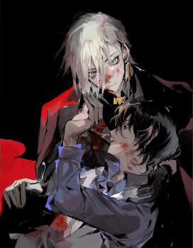 2boys arjuna_(fate) bishounen black_background black_coat black_eyes black_gloves black_hair black_shirt blood blood_on_face blood_on_hands blue_eyes blue_shirt brothers closed_mouth coat coat_on_shoulders collared_shirt commentary_request dark-skinned_male dark_skin earrings eyeshadow fate/grand_order fate_(series) formal_clothes gloves grey_vest hair_between_eyes hand_on_another&#039;s_shoulder hand_up holding_another&#039;s_hair jewelry karna_(fate) karna_(formal_dress)_(fate) kkuekkue_(chifer1958) korean_commentary looking_at_viewer makeup male_focus multiple_boys necktie pale_skin shirt short_hair siblings simple_background sitting suit vest white_hair yaoi yellow_necktie