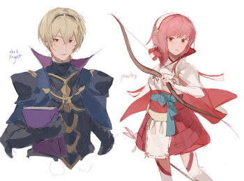 1boy 1girl absurdres armor black_armor black_hairband blonde_hair book bow_(weapon) brinaa_sama commentary english_commentary fire_emblem fire_emblem_fates hairband highres holding holding_book holding_bow_(weapon) holding_weapon japanese_clothes leo_(fire_emblem_fates) looking_at_viewer nintendo pink_eyes pink_hair red_eyes sakura_(fire_emblem) weapon white_hairband
